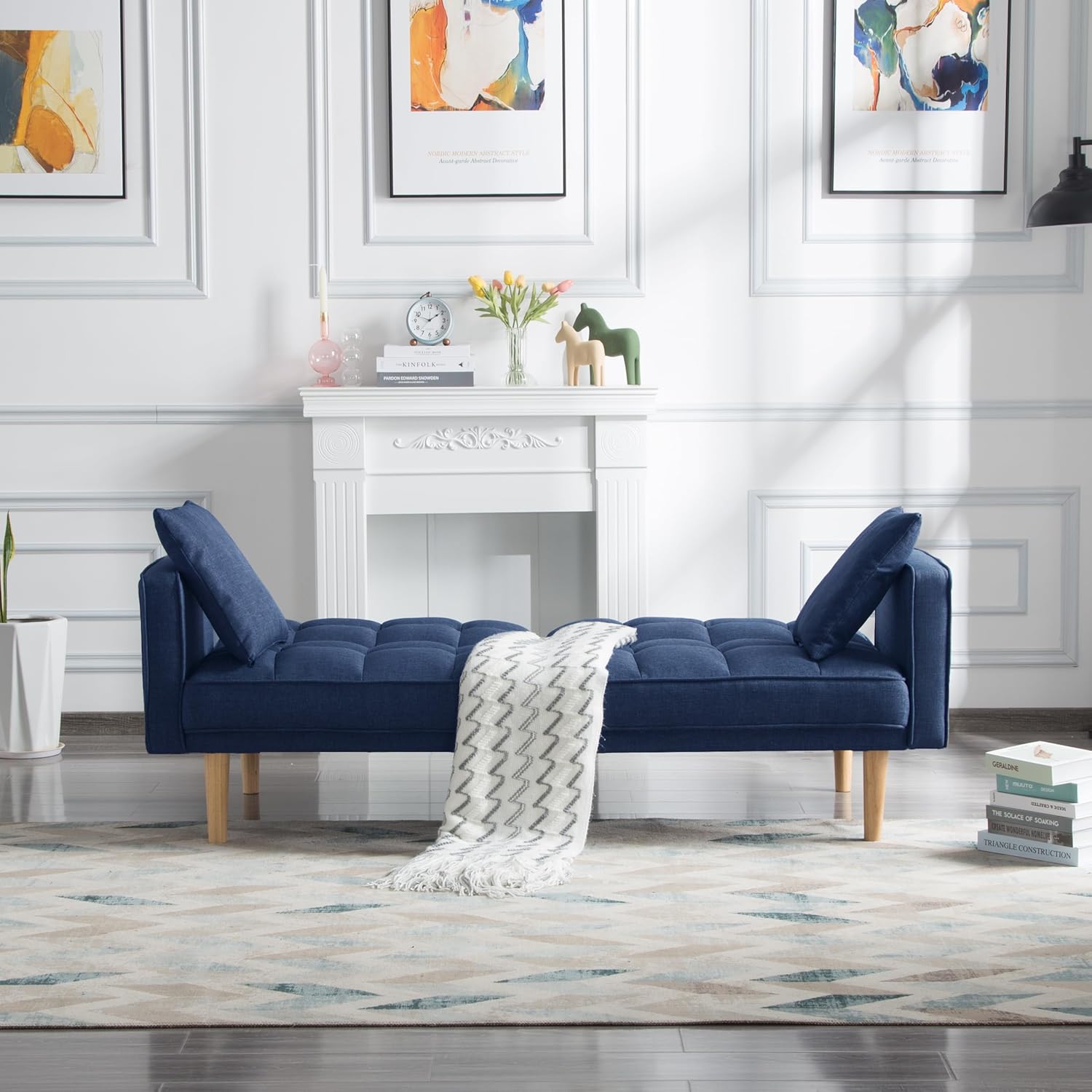 Sleeper 71.5" Tufted Futon Sofa Bed, Modern Fabric Folding Loveseat Couch Convertible Recliner Lounge with Wooden Legs and 2 Square Pillows for Living Room, Apartment, Office, Navy Blue