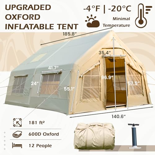 YOLENY Inflatable Tents for Camping, 4/6/8/10/12 Person Tent with TPU Skylight, Mesh Windows, Stove Jack & Pump, Easy Setup 4 Season Glamping Tent, Waterproof & Windproof