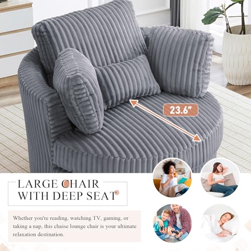 Chair and A Half with Ottoman, 360° Swivel Accent Barrel Chair Modern Comfy Round Reading Sofa Swivel Chairs Circle Lounge Chair for Bedroom Living Room w/4 Pillow Lower Seating Heigh (White, Large)