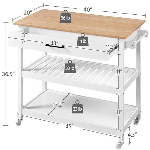 Yaheetech Kitchen Island Cart on Wheels with Bamboo Tabletop, 3-Tier Rolling Kitchen Island Microwave Cart with Drawer, Detachable Towel, 3 Hooks, 17" D x 37.5" W, White