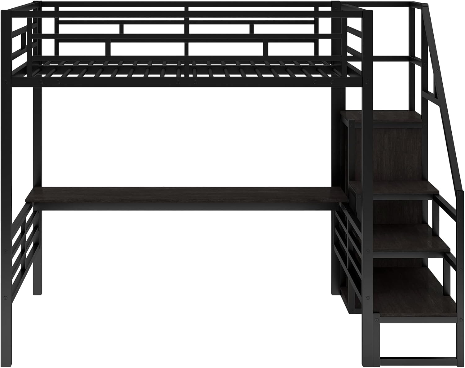 CITYLIGHT Full Loft Bed with Desk and Wardrobe,Metal Loft Bed Full Size with Storage Stairs and Guard Rail,Space Saving Loft Bed with Desk Underneath for Kids Teens,Black
