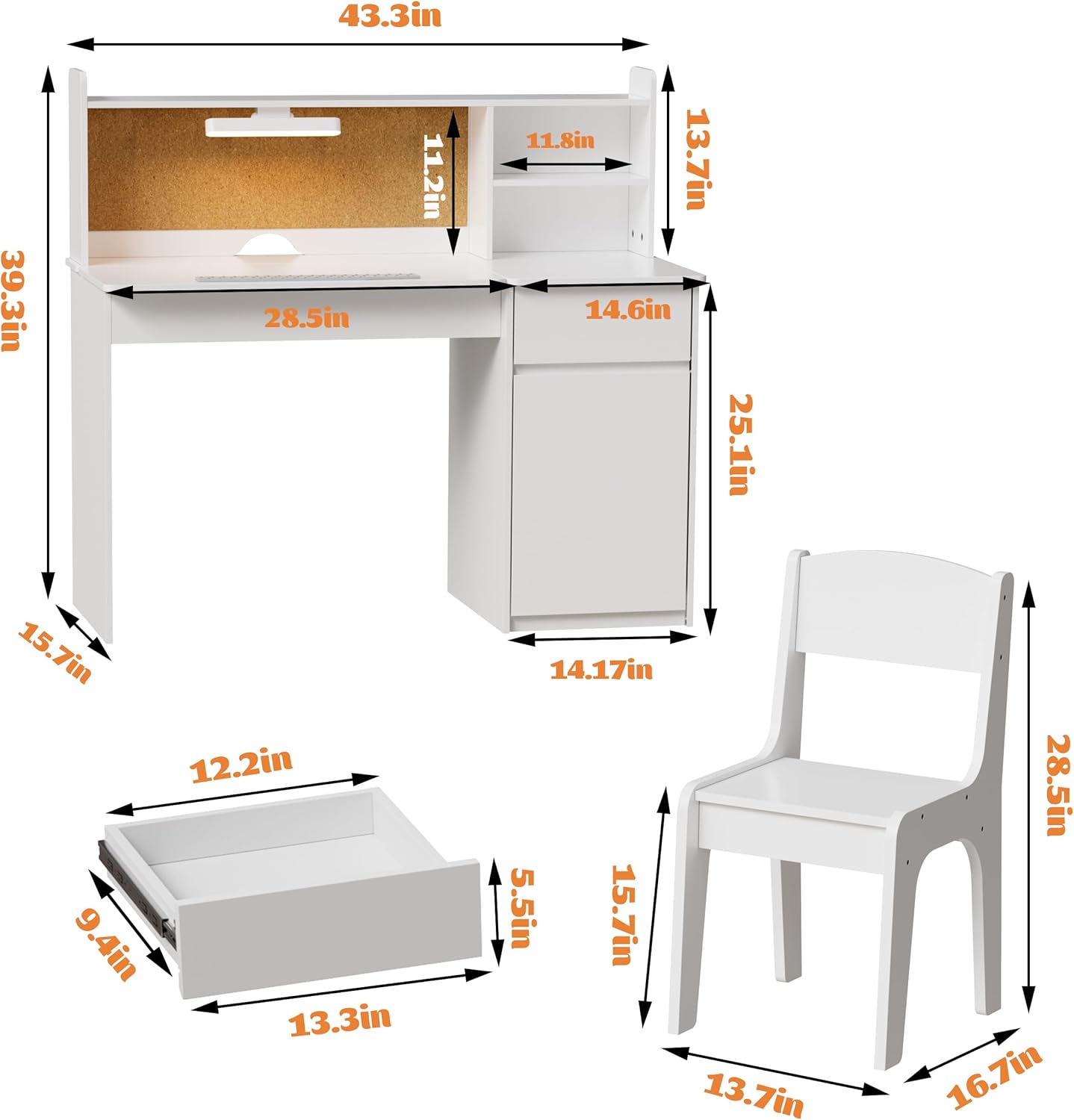 PAKASEPT Kids Desk and Chair Set,Kids Study Desk with 3-Color Lights,Tiltable Desktop,Multi Functional Study Table for Kids 5-12,Student Writing Desk with Hutch and Storage Cabinet for Bedroom