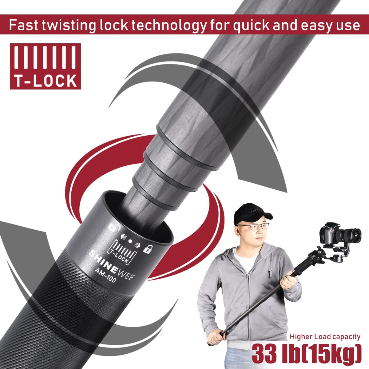 Carbon Fiber Extension Pole,Fast Twisting Lock 4 Section Tube,1/4 Screw Mount Compatible with Camera Phone Gimbal Video Stablizer,Lightweight Camera Stick for Photography