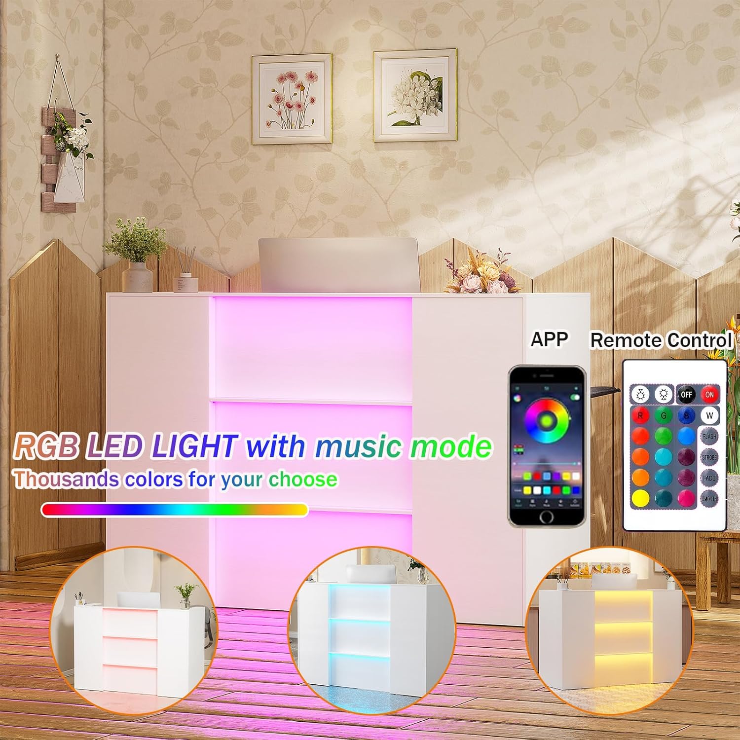 PAKASEPT 63 Inches Reception Desk, Front Desk with RGB LED Lights, Modern Reception Desk with Counter & Lockable Drawer & Open Shelves, Large Counter Table for Office Hotels, Flower Clothing Shops