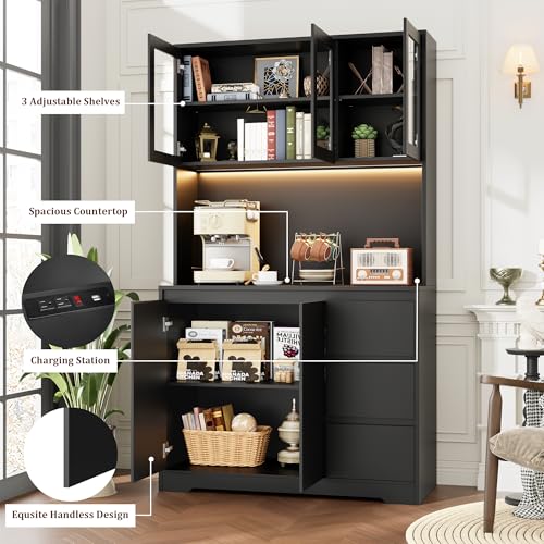 finetones 71" Kitchen Pantry Cabinet with LED Lights and Charging Station, Modern Kitchen Cabinet Hutch Cabinet with Storage and Microwave Stand, Pantry Cabinet Buffet Cabinet with Countertop, Black