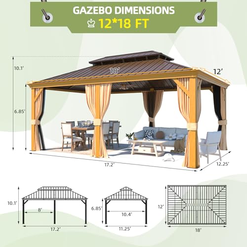 EROMMY 14'x20' Hardtop Gazebo Double Roof Galvanized Steel Canopy Outdoor Aluminum Frame Permanent Metal Pavilion with Netting and Curtains for Patio Backyard Deck and Lawns