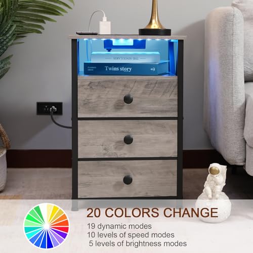 AMHANCIBLE Night Stand Set 2, LED Nightstand with Charging Station, End Side Tables with USB Port & Outlet, Bedside Table with Fabric Drawers for Bedroom Living Room, Dark Grey, HET053LDG