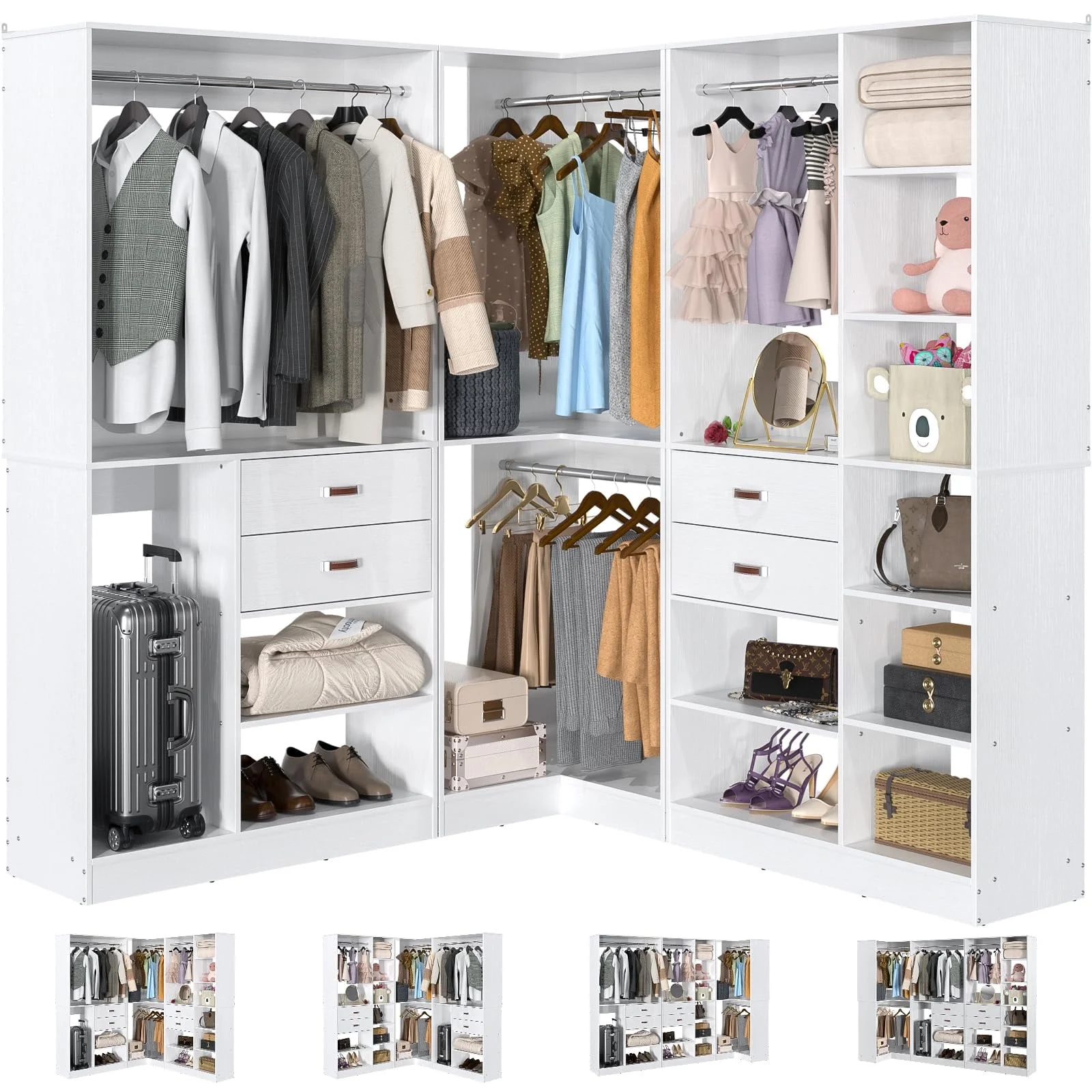 Homieasy Freestanding Closet System with 3 Sets, 110'' Reversible Stand-alone Wardrobe, 80'' Height Cloth Garment Organizer, Walk-in Closet with Hanging Rod, 71"Lx71"Wx80"H, Load 2500 LBS, White - Curated Treasures Market