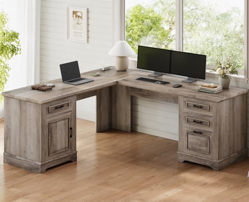 Itaar Farmhouse Executive L Shaped Desk, Home Office Desk with File Drawer and Power Outlet, Computer Corner Desk with Drawers and Storage Cabinet, Workstation for Office Home, White
