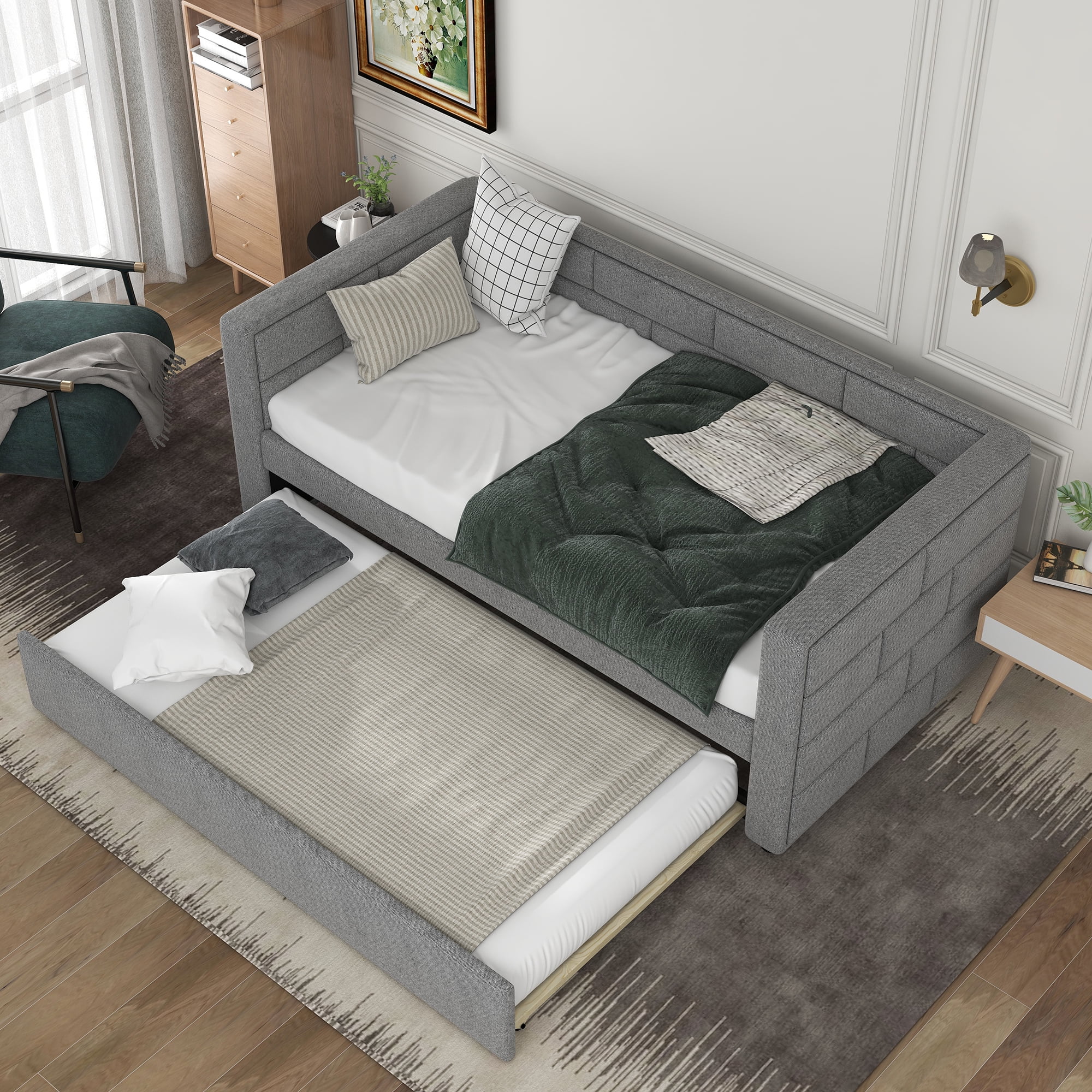 Pull Out Double Sofa Bed Full Size Sofa Bed Full Sofa Bed Double Size Sofa Bed with Rollers Upholstered Sofa Bed with Upholstered Backrest Easy to Assemble Grey