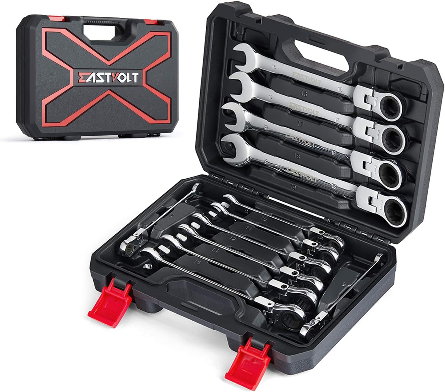 Eastvolt 12-Piece Flex-Head Ratcheting Wrench Set, Metric 8mm-19mm, Combination Ended Spanner kits, Chrome Vanadium Steel Combination Wrench set with Toolbox, EVHT1201 Pack of 2
