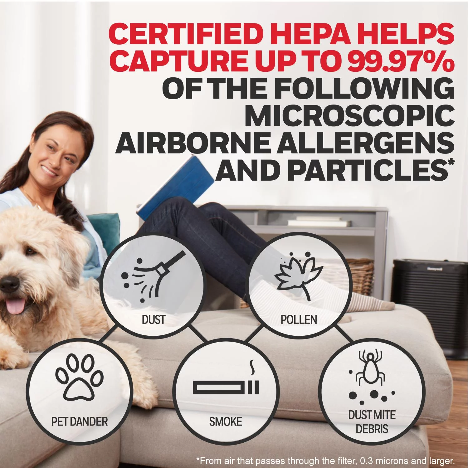 Honeywell Air Purifier, HPA304, 465 sq ft, HEPA Filter, Allergen, Smoke, Pollen, Dust Reducer