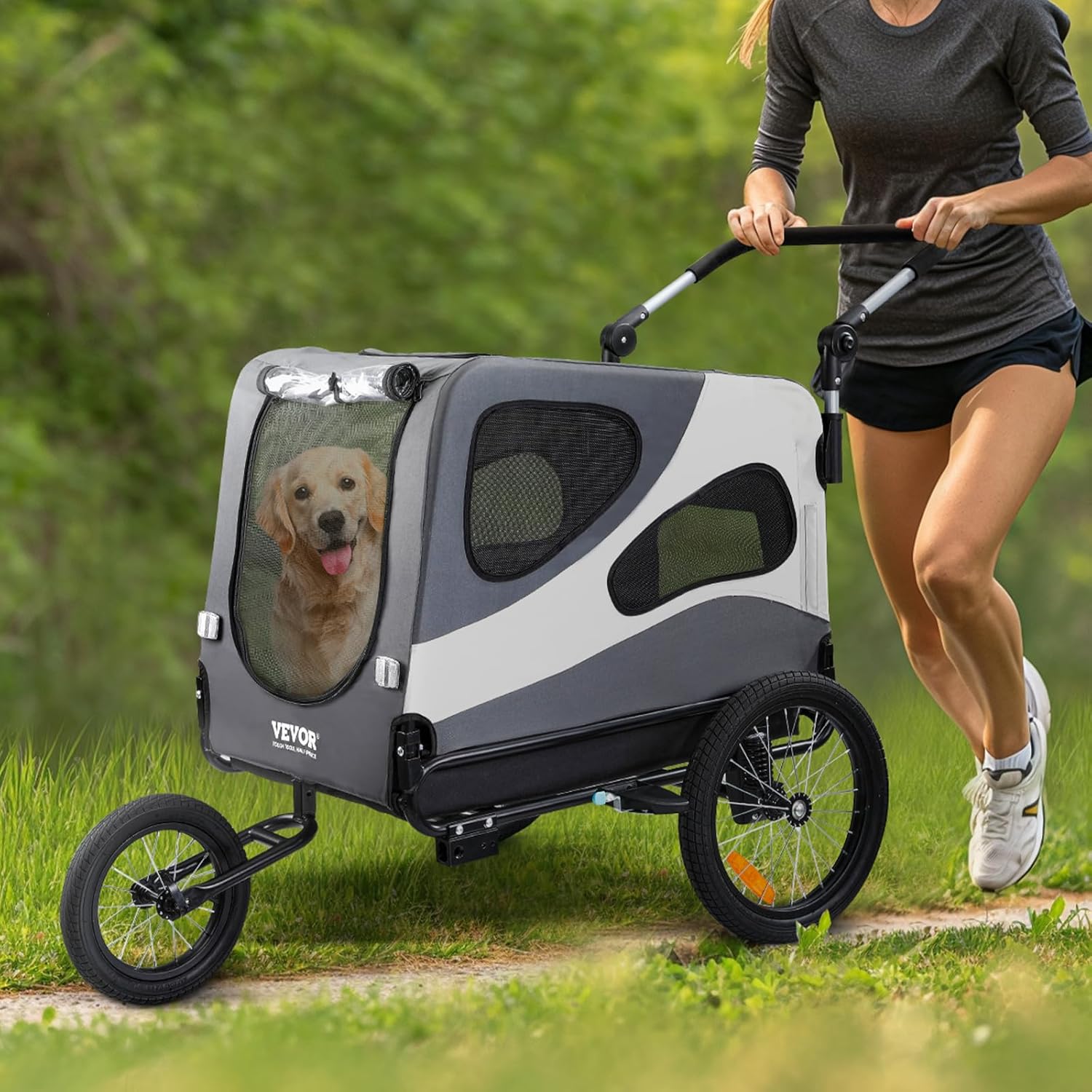 VEVOR Dog Bike Trailer, Supports up to 100 lbs, 2-in-1 Pet Stroller Cart Bicycle Carrier, Easy Folding Cart Frame with Quick Release Wheels, Universal Bicycle Coupler, Reflectors, Flag, Black/Gray