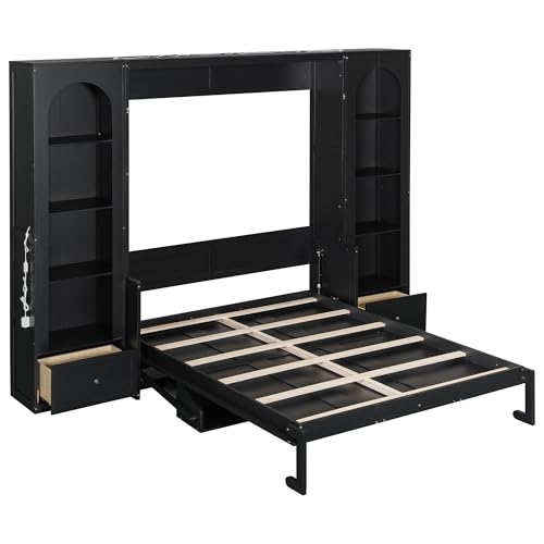 Ball & Cast Queen Size Murphy Bed with Desk,Hidden Wall Bed with 2 Sides Storage Cabinets,Shelf & Led,Murphy Cabinet Bed Frame for Bedroom,Guest Room,Space Saving,Black