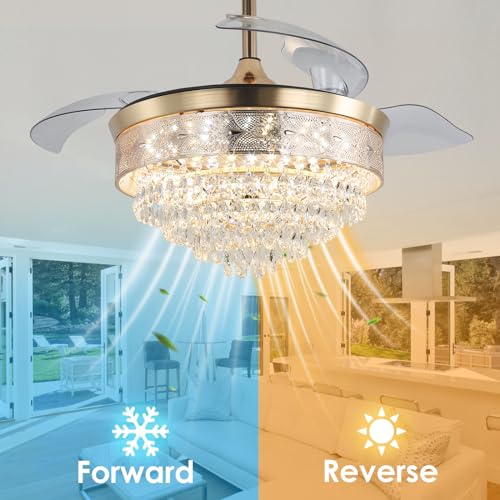 42'' Dimmable Fandalier Crystal Ceiling Fans LED Retractable Ceiling Fandeliers Chandelier with Light and Remote Ceiling Fan for Bedroom, APP & Memory Function, 6 Speeds
