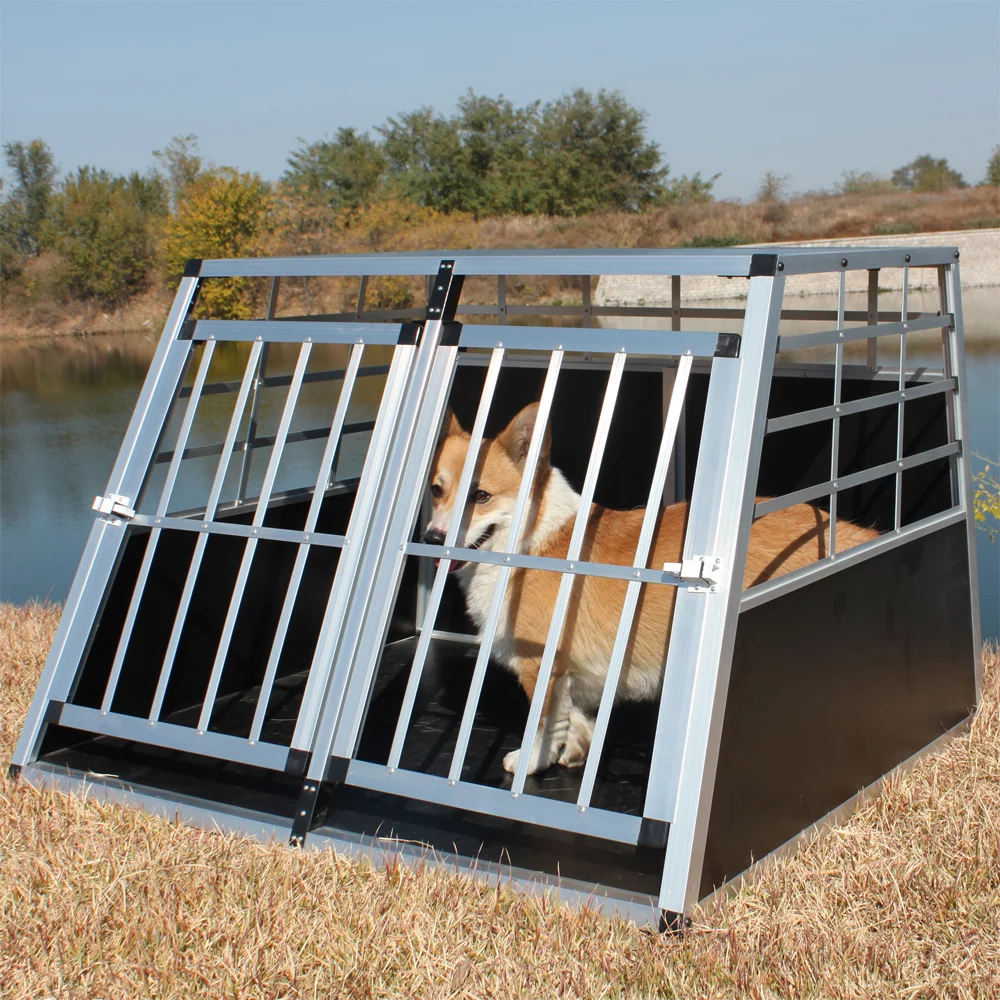 Double Doors Pet Car Transport Cage, Aluminium Puppy Travel Crate Box, Trapezoidal Kennel Dog Cat Carrier Cage