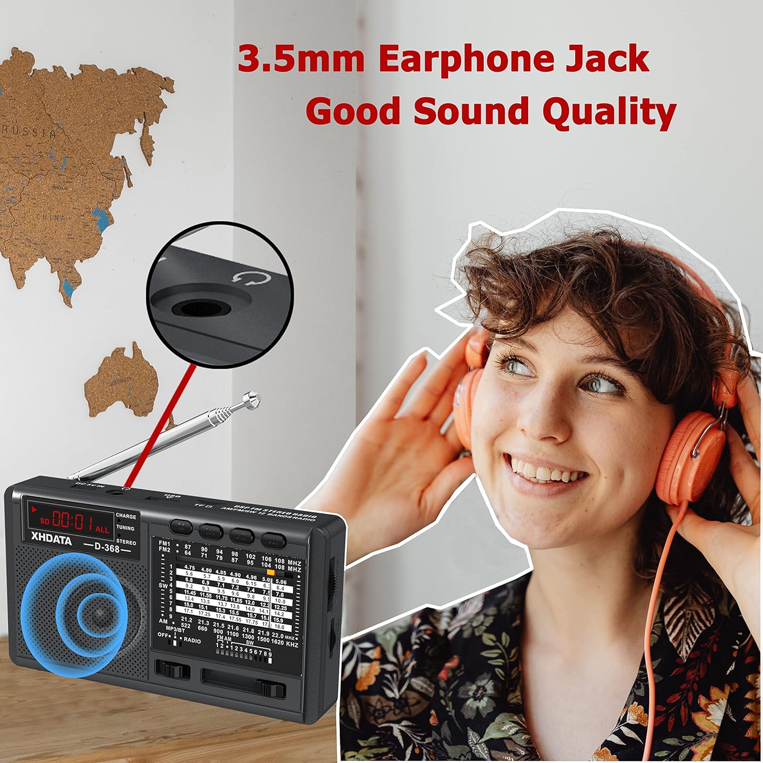 XHDATA D368 Portable Shortwave Radio FM AM SW 12 Band DSP Stereo Radio MP3 Player Wireless Bluetooth Speaker with High Sensitivity Reception Support Micro SD Card and USB Good for Parents