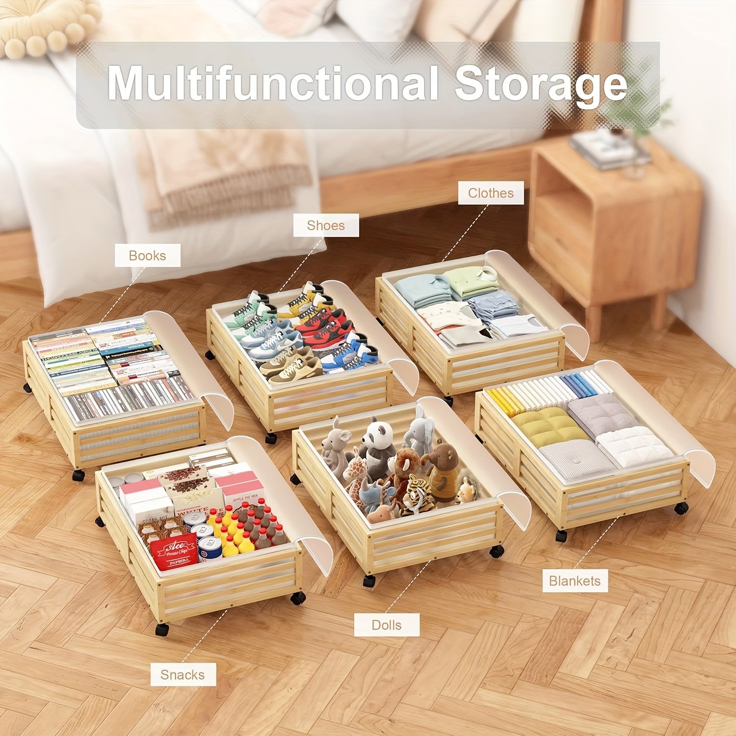 2-Pack Bamboo Under-Bed Storage Bins with Wheels, Large Capacity Rolling Organizers for Clothes &amp; Shoes, Natural Finish Space-Saving Design, No Assembly Required