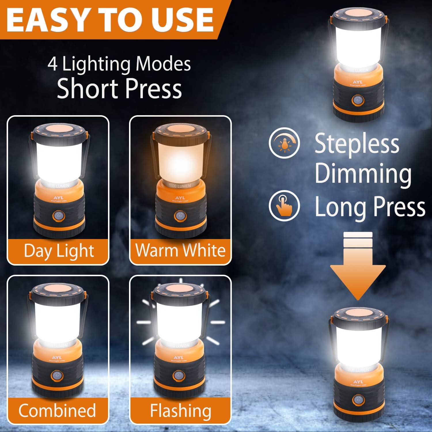LED Camping Lantern Rechargeable, 1800LM, 4 Light Modes, 4400mAh Power Bank, IP44 Waterproof, Perfect Lantern Flashlight for Hurricane, Emergency, Power Outages, Home and More, USB Cable Included Pack of 2