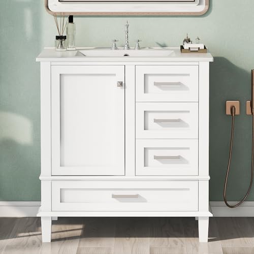 Harper & Bright Designs 30" Bathroom Vanity with Sink, Free Standing Single Basin Vanity Set with a Soft Closing Door and 3 Drawers, Solid Wood Bathroom Cabinet with Ceramic Basin for Bathroom, Green