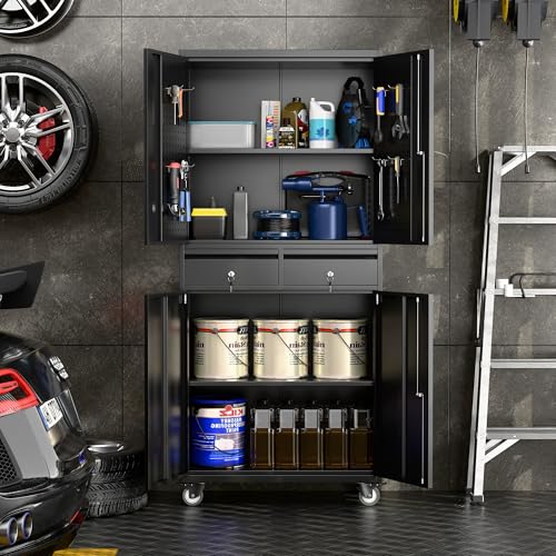 73" H Metal Storage Cabinet with Wheels, Garage Storage Cabinet with 4 Adjustable Shelves and Lockable Doors for Garage Home Office Utility Room,Required Assembly,Black