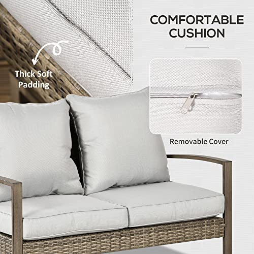 Outsunny 4 Piece Wicker Patio Furniture Set with 2 Rocking Chairs, Loveseat Sofa, Outdoor PE Rattan Conversation Set with Cushions, Aluminum Table for Porch, Poolside, Light Gray