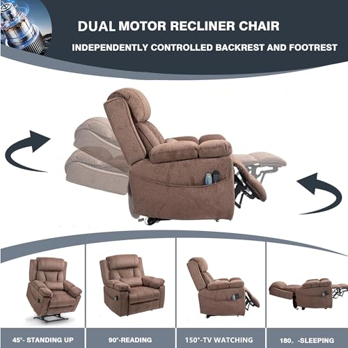 Light Grey Recliner Chair for Elderly | Tall and Big Man 400lbs | Chenille | Power Lift, Lay Flat, Stand Up, Wireless Charging Device, Extended Footrest, Massage Heat, Cup Holder, Lumbar Pillow