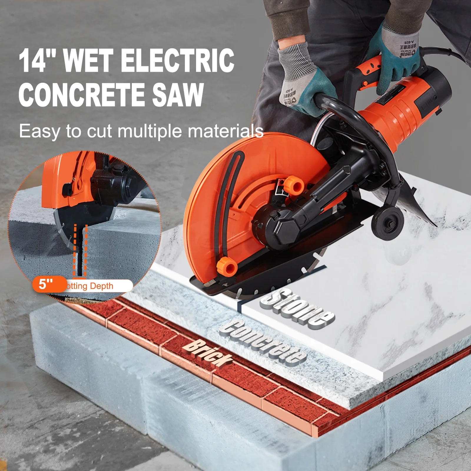 SKYSHALO 14'' Electric Concrete Saw Wet/Dry Saw Cutter with Water Pump and Blade