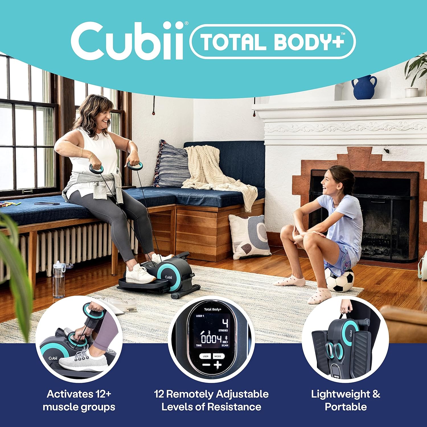 Cubii Total Body - Under Desk Seated Elliptical Pedal Exerciser with Built in Upper Body Resistance Bands, 12 Levels of Resistance, LCD Display, Whisper Quiet with Bluetooth - Adult to Seniors