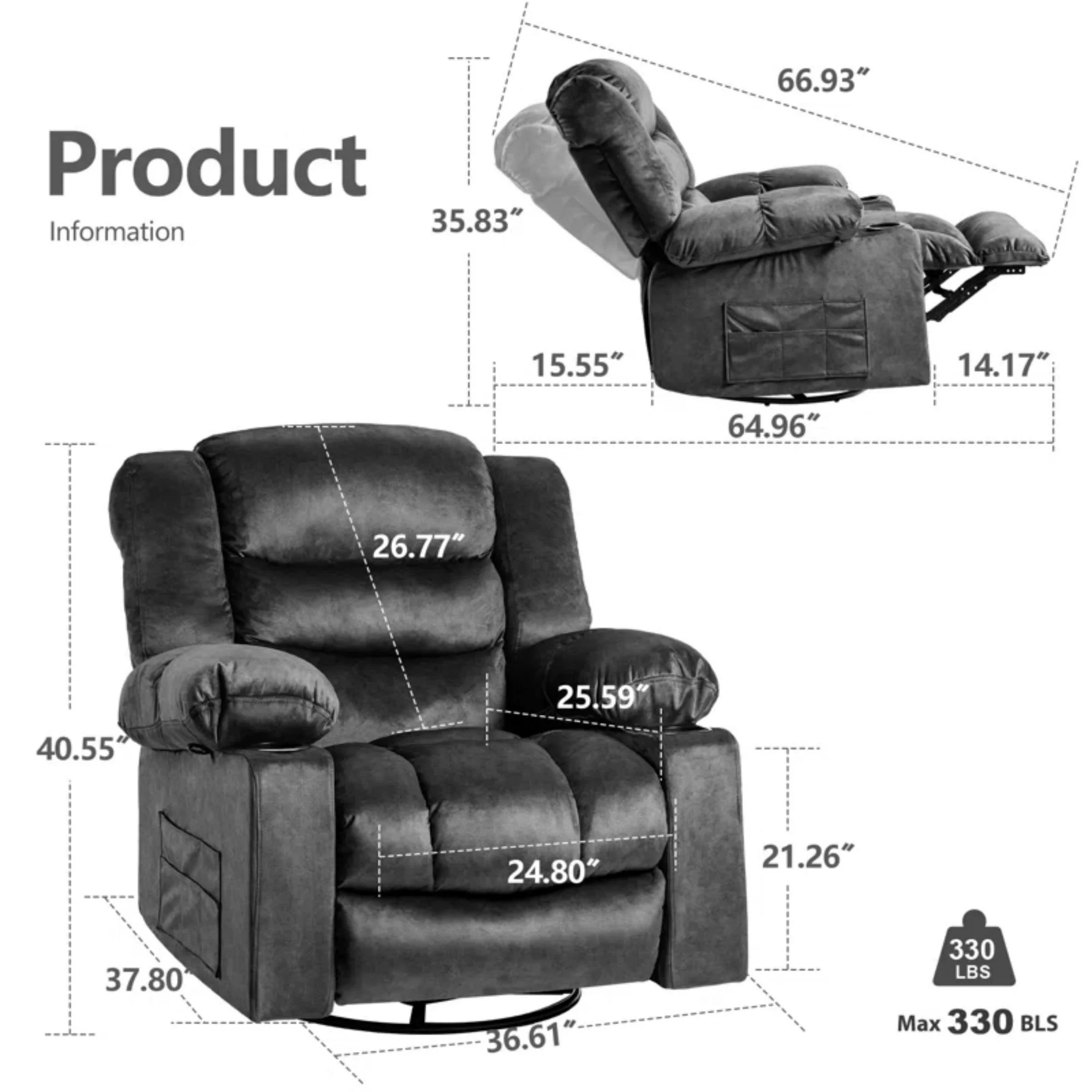 Colerline 36.61" Wide Super Soft and Oversize Modern Designed Velvet Upholstered Heating & Massage Swivel Reclining Chair with Cupholders for Living Room, Bedroom, Gray