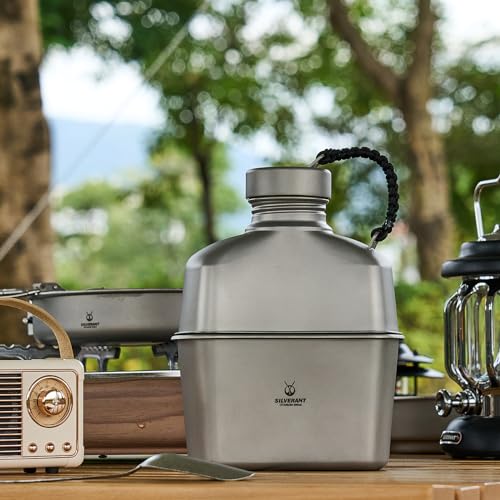SILVERANT Camping Canteen Titanium Military Canteen Mess Kit Ultralight Camping Mug with Carry Pouch & Cup Foldable Handle -Bottle 1000ml, Cup 600ml