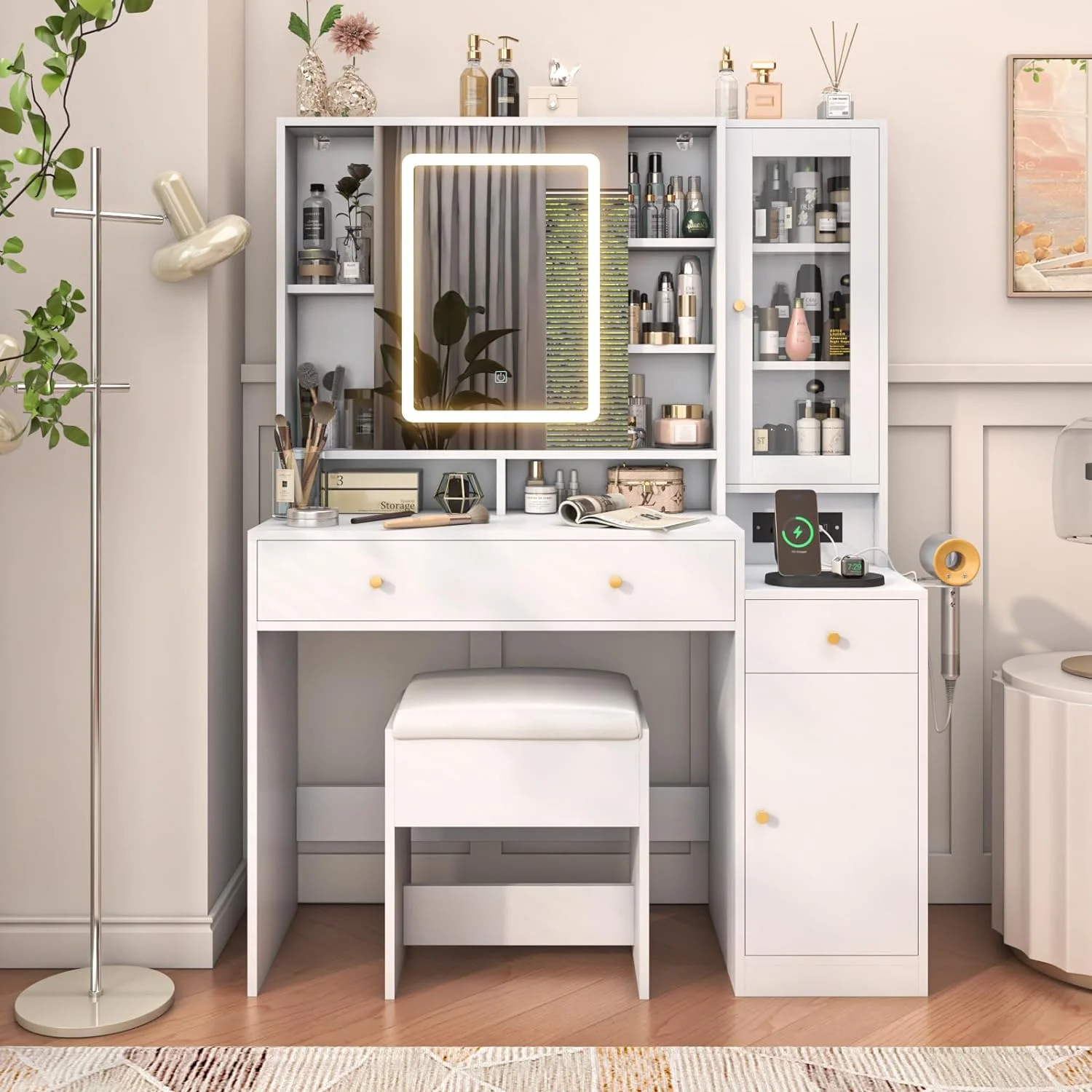 White Vanity Desk with Sliding Mirror & Lights, Vanity Table Makeup Desk with Charging Station 2 Drawers 2 Doors, Lots of Storage Shelves, Large Vanity Set with Cushioned Stool(White)