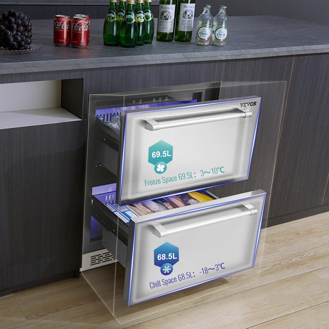 VEVOR 24 inch Undercounter Refrigerator, 2 Drawer Refrigerator with Different Temperature, 4.87 Cu.ft. Capacity, Waterproof Indoor and Outdoor Under Counter Freezer Fridge for Home and Commercial Use