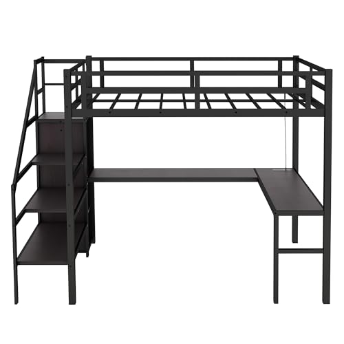 Wood Full Size Gaming Loft Bed with Desk, Multi-storage Shelves, LED and Charging Station，Suit High Loft Bed Frame with Bookshelf for Kids Teens Adults (Black, Full)