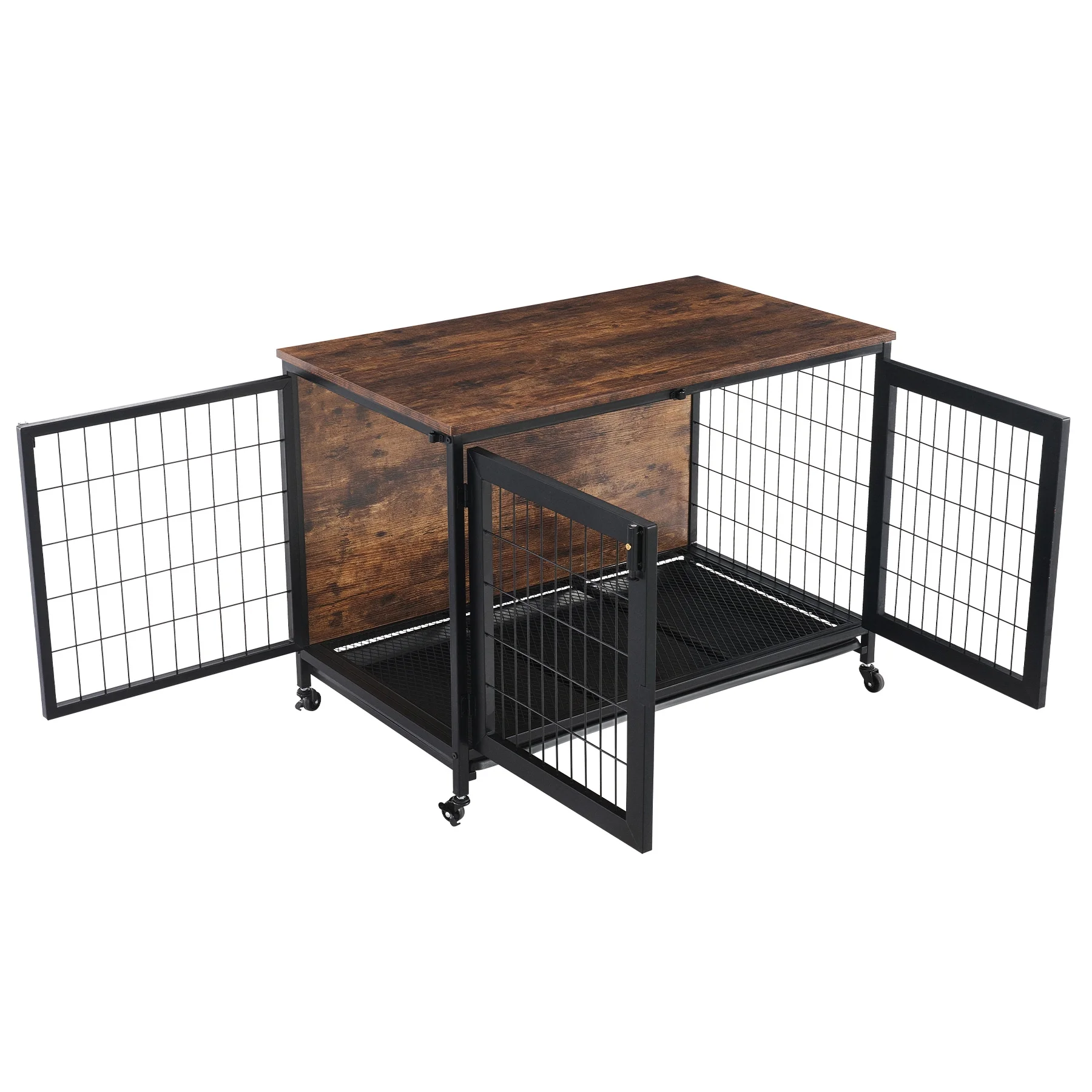 CO-Z Wooden Dog Crate End Table Triple Door Kennel with Wheels for Large Medium Dogs