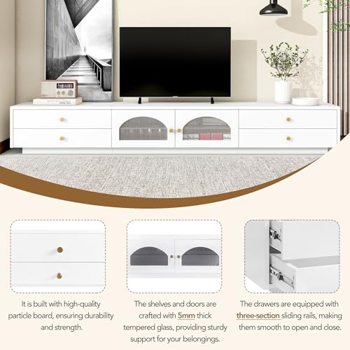 Luxury Minimalism Stand 85",TV Table with Open Storage Shelf, Entertainment Center with Cabinets and Drawers, Practical Media Console for Living Room, Black-6