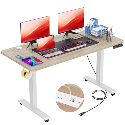 farexon Electric Standing Desk 55 x 24In with Charging Station, Stand up Desk with Oversized Mouse Pad, 2 USB Ports & 3 Power Outlets, 4 Caster, 4 Preset Heights Easy to Set（Brown）