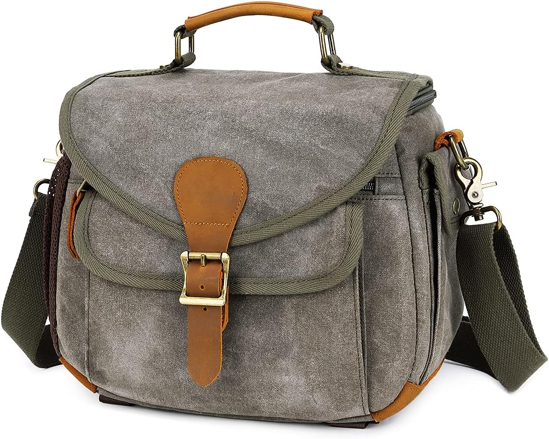 Camera Bag Camera Case Waterproof DSLR Camera Gadget Bag for Men and Women Camera Sling Bag Compact Camera Shoulder Crossbody Bag Case Waxed Canvas Crazy Horse Leather (Khaki)
