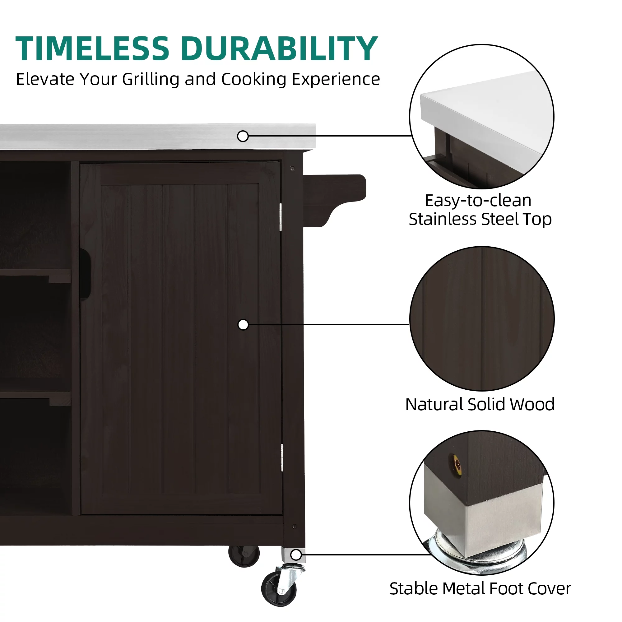 Dextrus XL Solid Wood Outdoor Storage Cabinet - Versatile Movable Outdoor Grill Cart with Stainless Steel Top, Spice Rack, and Side Handle, BBQ Patio Table, Outdoor Small Kitchen Table