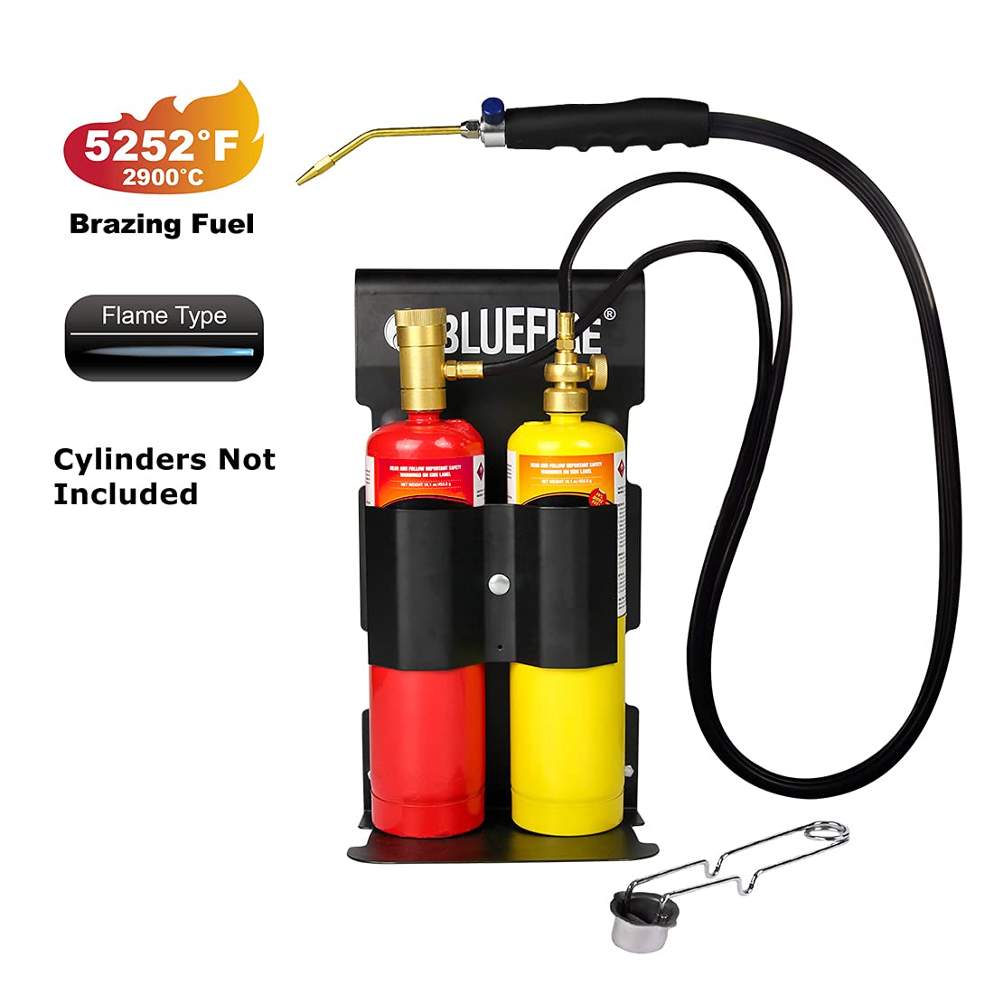 BLUEFIRE Oxypropane High Heat Welding Torch kit Free Accessory of Flint Lighter and Cylinder Holder Rack Duel Fuel by Oxygen and MAPP MAP PRO and Propane Brazing Soldering Gas Cylinders Not Included