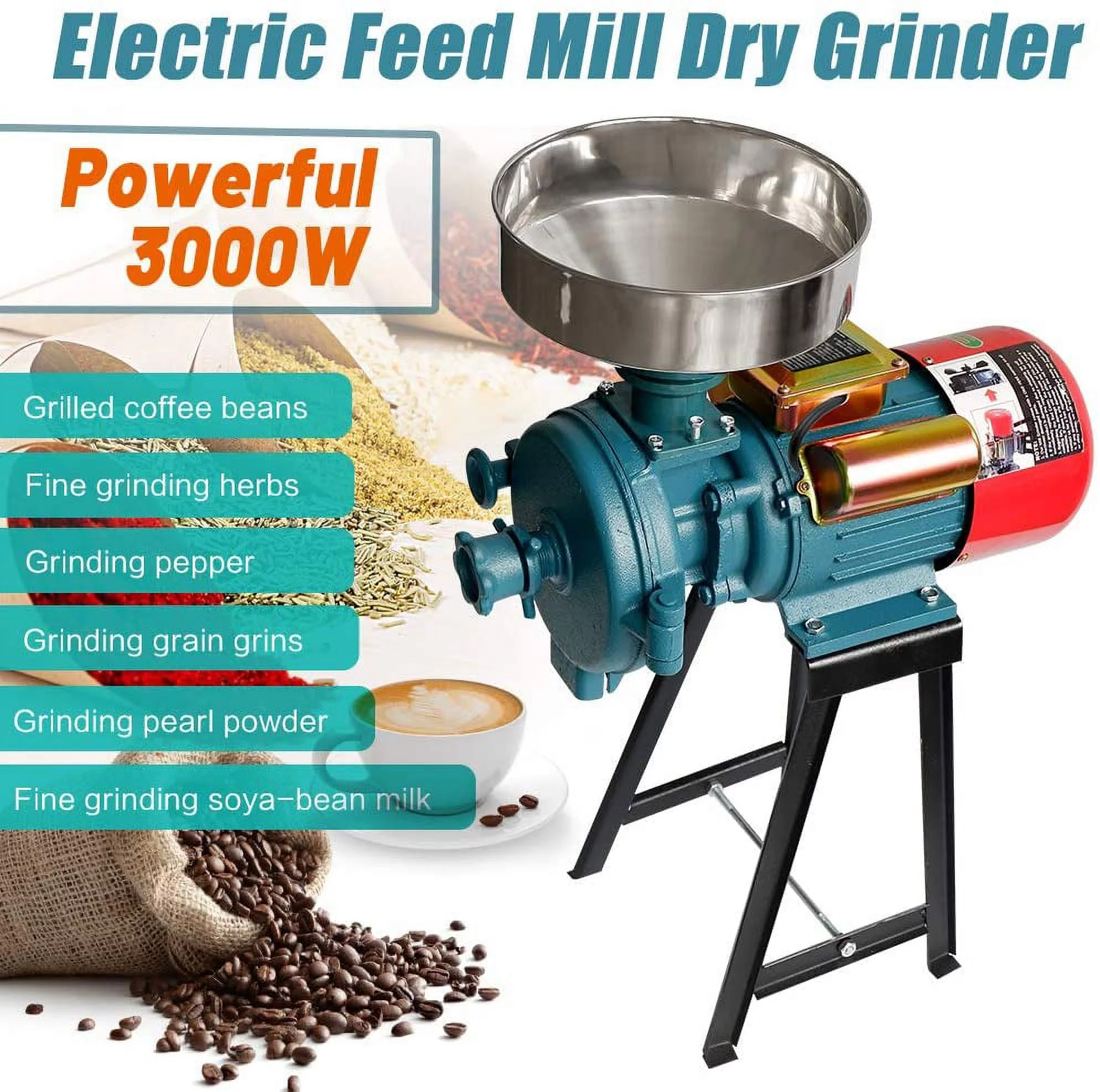 NAIZEA 110V Electric Grain Mill, 3000W Flour Mill Corn Cereals Grinder, Milling Rice Wheat Grain Coffee Maiz Feed, Dry Cereals Grinder W/Funnel