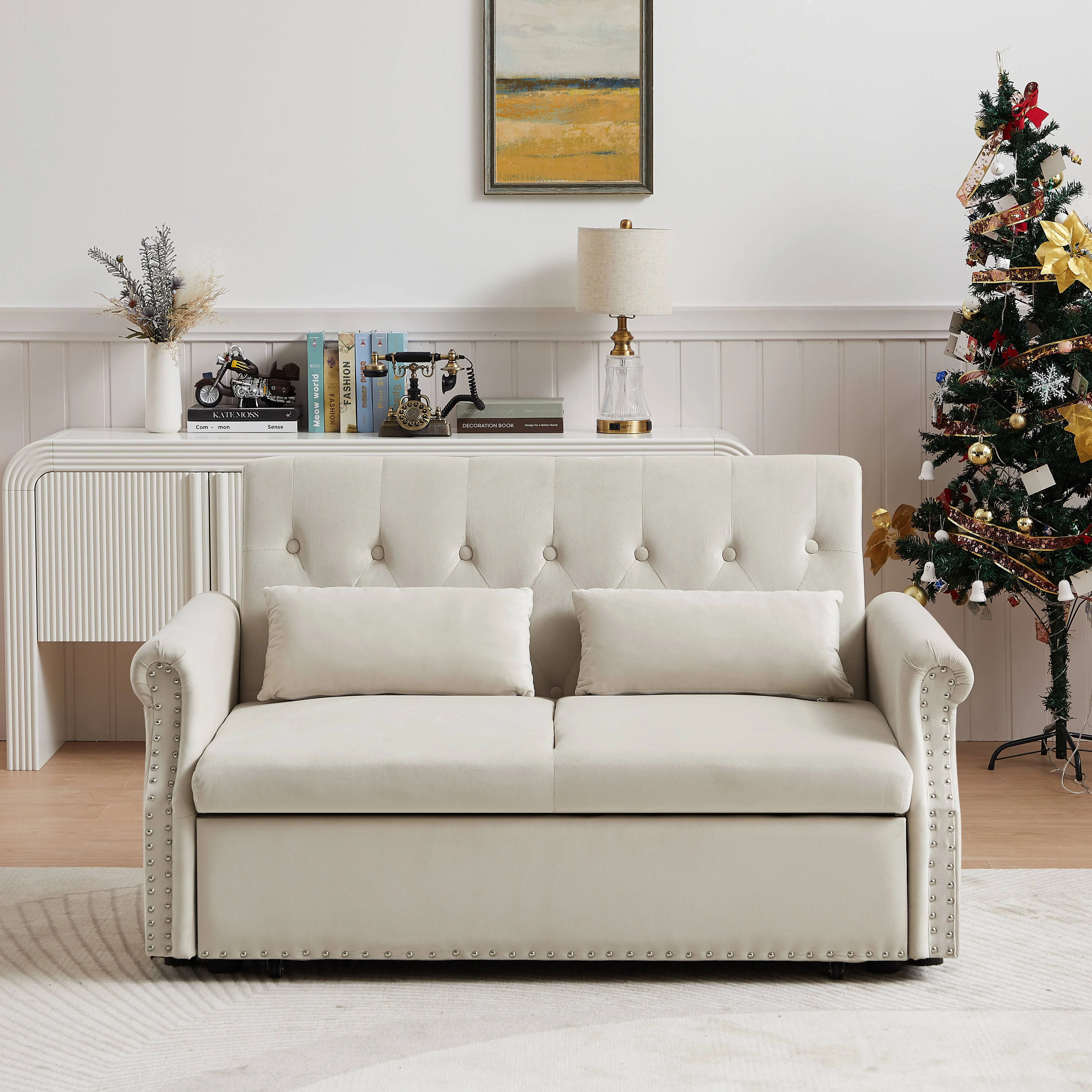 Bellemave 55" Pull Out Sleeper Sofa Bed, Sleeper Loveseats Sofa Couch with Adjustable Backrest, 2 Caster Wheels and 2 Lumbar Pillows for Living Room Bedroom Apartment Office (Beige)