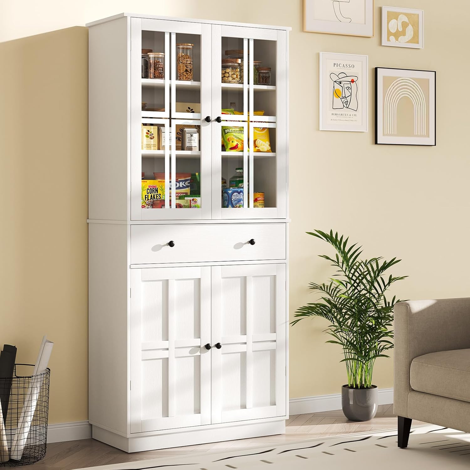 Kitchen Pantry Storage Cabinet, Tall Pantry Cabinet with Glass Doors and Large Drawer, Freestanding Pantry Cupboard with 3 Adjustable Shelves for Kitchen, Dining Room, Living Room, White