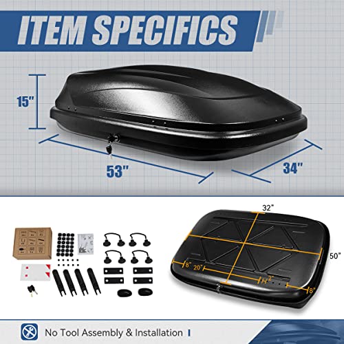 Auto Dynasty Hard Shell Roof Top Mount Car Storage Travel Luggage Box Cargo Carrier, 53 (L) x 34 (W) x 15 (H) Inches, Capacity 110 Pounds, 11 Cubic Feet (Tool-Free Install), Glossy Black Finish