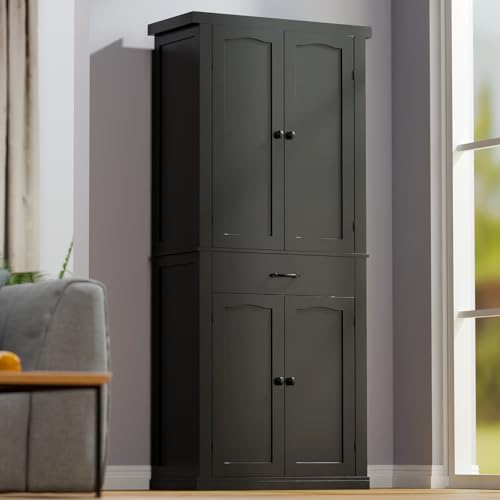 HollyHOME 72" Kitchen Pantry Cabinet, Storage Cabinet with 4 Doors and 1 Drawer, Freestanding Cupboard with Adjustable Shelves and 6 Door Shelves for Kitchen, Dining Room, Living Room, White
