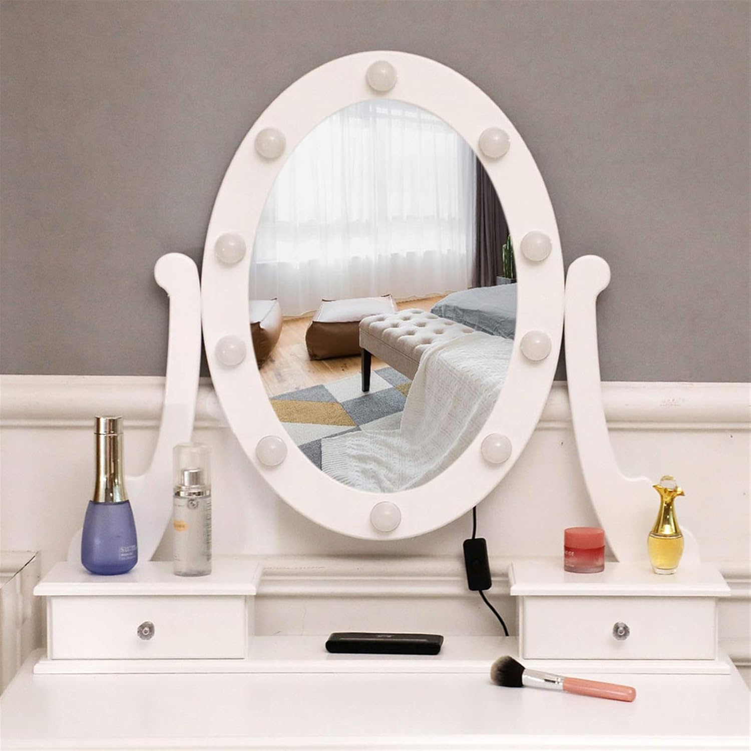 White Lighted Makeup Vanity Set - Makeup Desk with 360° Rotating Oval Mirror and Cushioned Stool - Make-up Vanity Station with Removable Top - Dressing Table with 10 Light Bulbs and 5 Sliding Drawers
