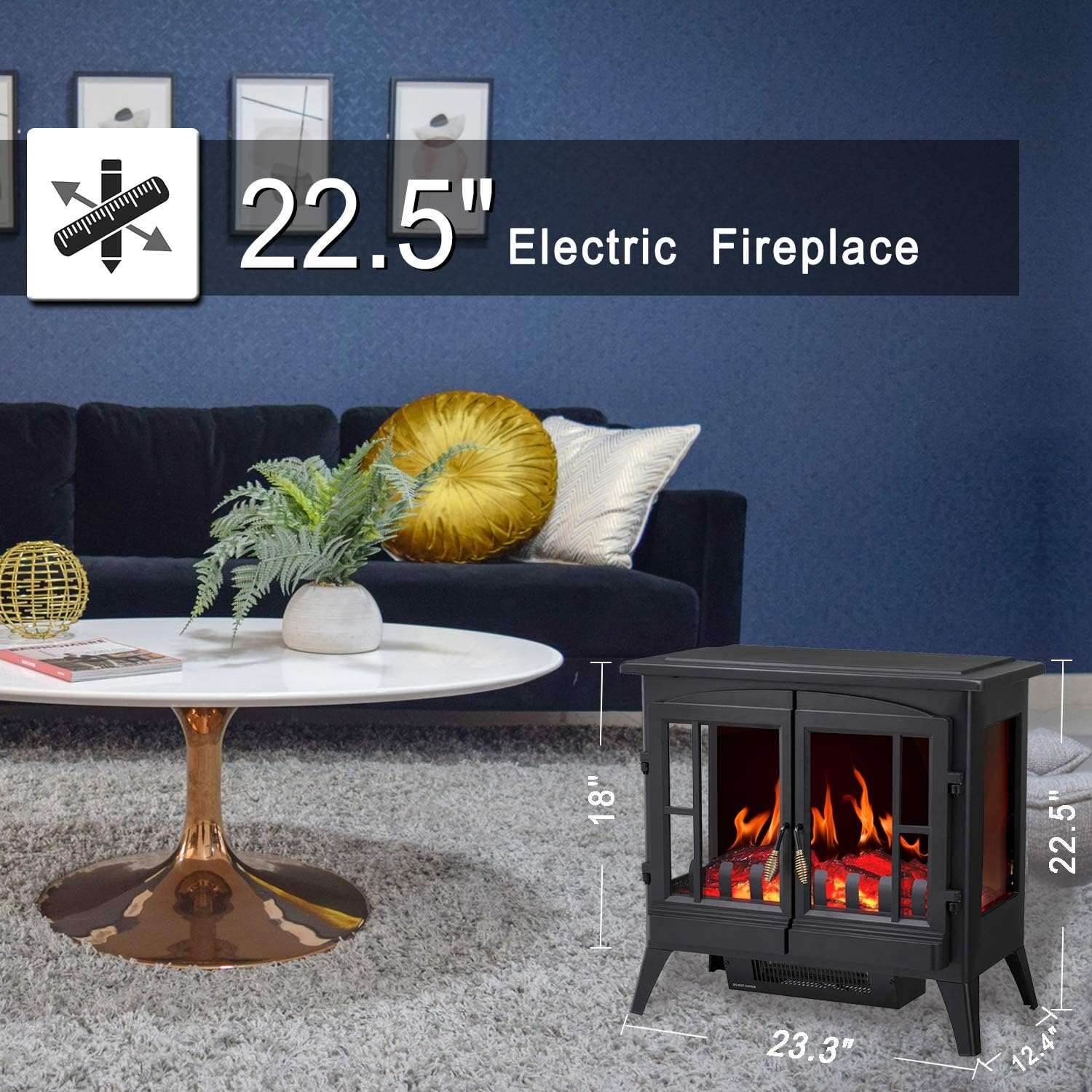 R.W.FLAME Electric Fireplace Infrared Stove Heater, 23" Freestanding Fireplace Heater, 3D Realistic Flame Effects, Adjustable Brightness and Heating Mode, Overheating Safe Design, 1000W/1500W, Black