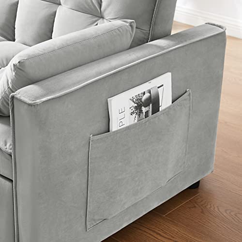 Futon Sleeper Sofa Bed Couch - Velvet 3 in 1 Convertible Sleeper Sofa w/Pullout Bed, Small Love Seat Lounge Sofa w/Reclining Backrest, Toss Pillows, Pockets for Living Room (Grey)