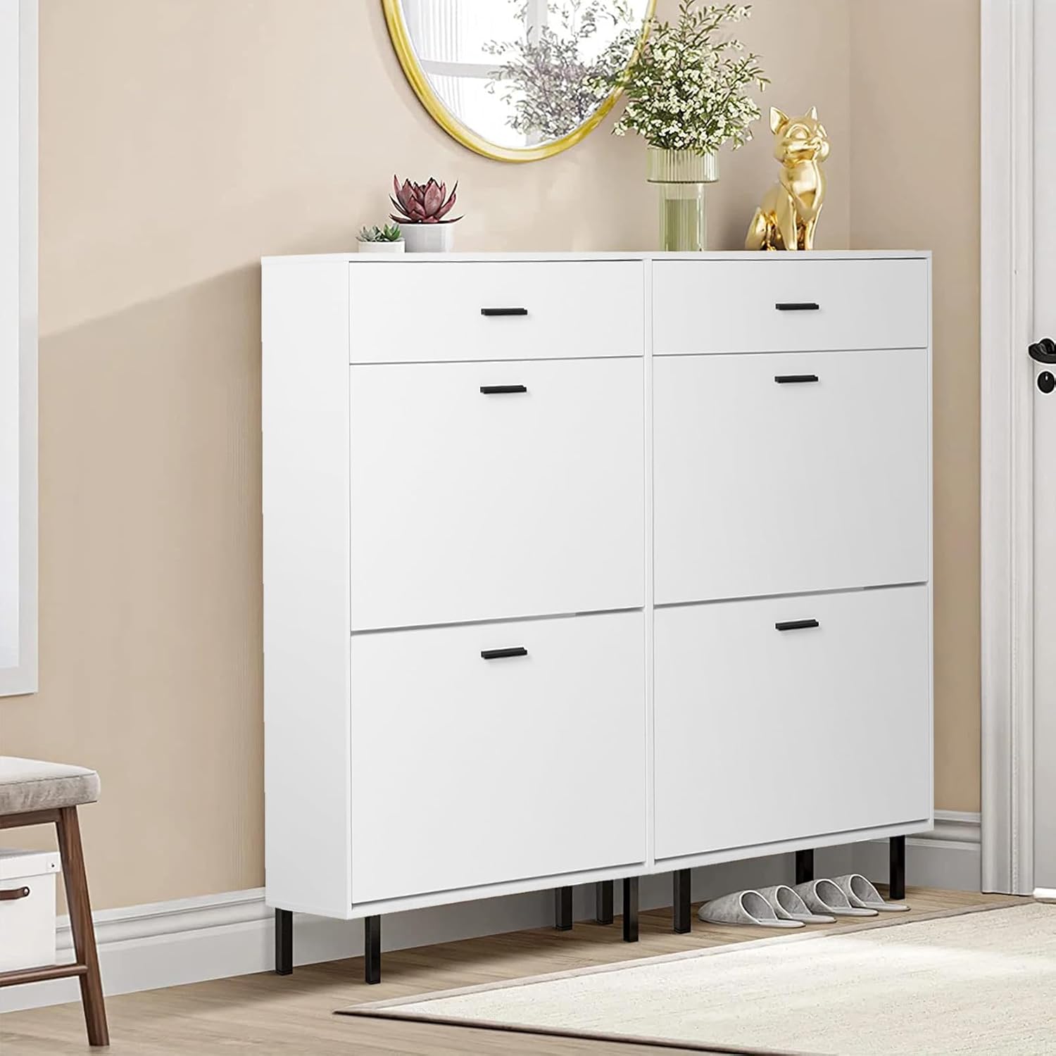 Slim Shoe Cabinet with Doors Wooden Free Standing Shoe Rack with 2 Flip Drawers Modern White Shoe Storage Cabinet with Drawer for Entryway Hallway Living Room Bedroom Apartment