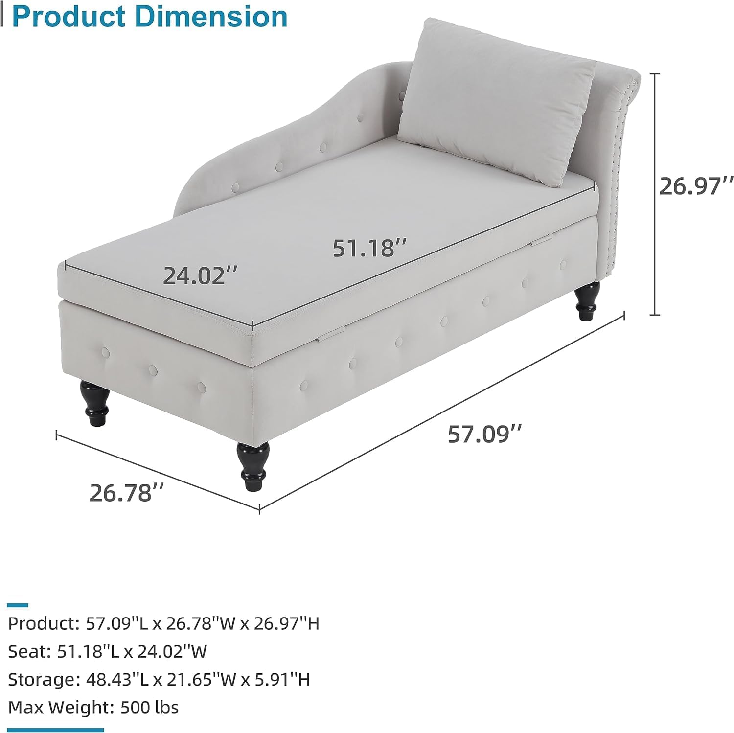 Chaise Lounge Indoor with Storage, Upholstered Chaise Lounges Sofa Recliner Chair with Pillow, Modern Nailhead Trimmed Tufted Lounge Chair for Living Room Bedroom Office, Light Grey